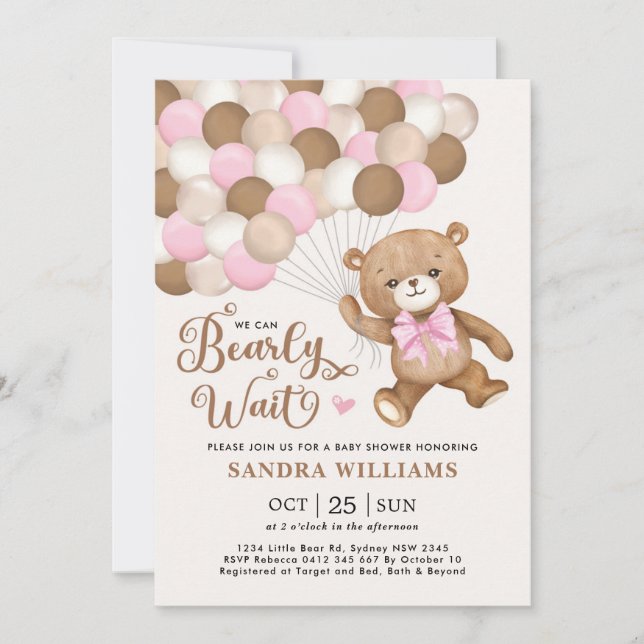 Invitación Rosa Podemos Esperar A Que Teddy Bear Baby Shower (Anverso)
