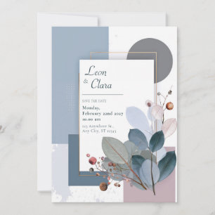 Invitación Rosa Polvo Azul Pizarra Geométrico Hoja Boda