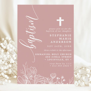 Invitación Rosa Polvo Blanco Floral Elegante Escritura Bautiz