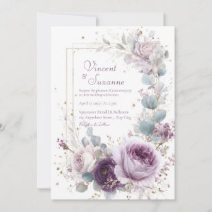 Invitación Rosa Polvo Elegante Morado Eucalipto Brillo Dorado