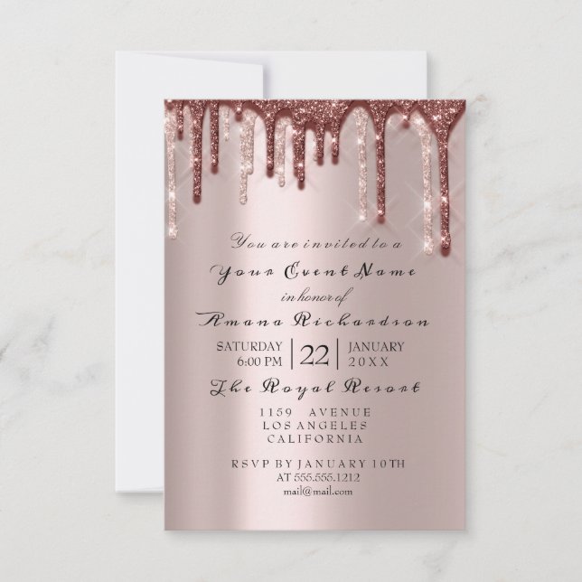 Invitación Rosa Polvo Purpurina espárrago goteo ducha de novi (Anverso)