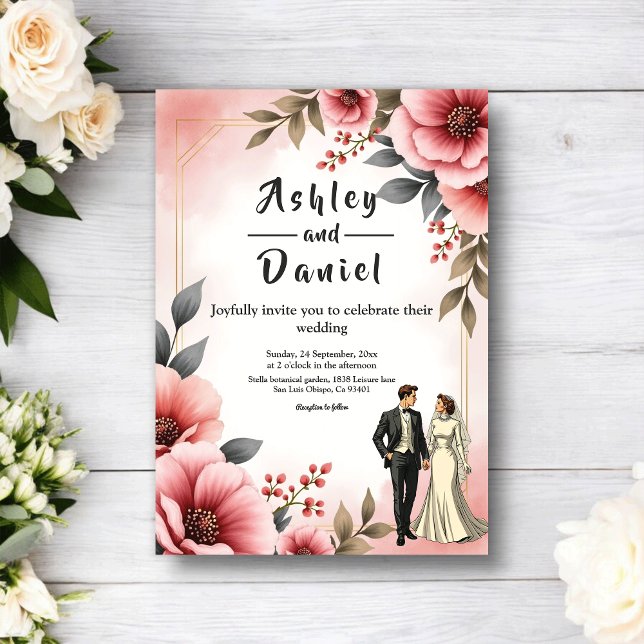 Invitación Rosa Polvo Rosa Rubor Novia Novio Floral Boda (Subido por el creador)