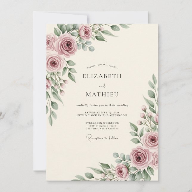 Invitación Rosa Polvorienta Flor Romántica Boda (Anverso)