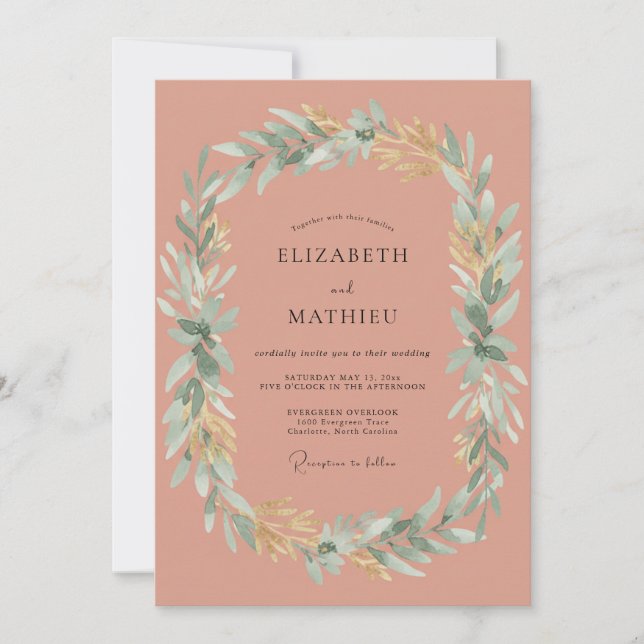 Invitación Rosa Polvorienta Laurel Botánico Boda (Anverso)