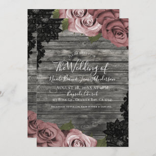 Invitación Rosa Polvorienta Roza Rústica Gris Boda de encaje 