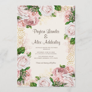 Invitación Rosa Polvorienta Rubor Rosa Floral Dorado Deslumbr