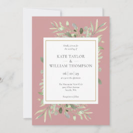 Invitación Rosa Polvorienta Verde Foliage Boda Mauve