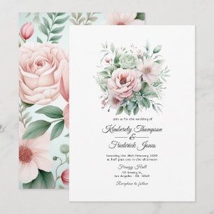 Invitación Rosa Polvorienta, Verde Menta y Floral Beige Boda