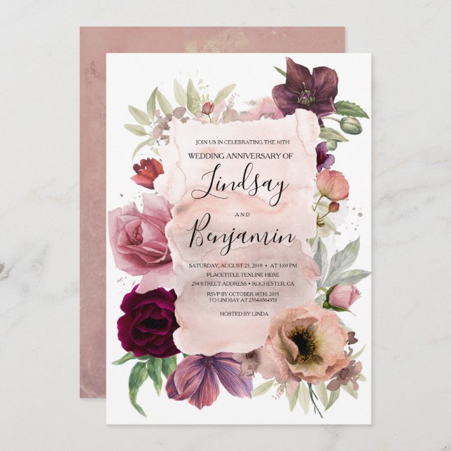 Invitación Rosa polvorienta y aniversario de boda floral burg (Anverso / Reverso)