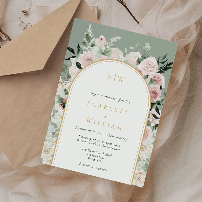 Invitación Rosa Polvoriento Arco de Oro Sage Verde Monograma  (Subido por el creador)