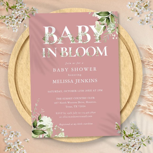 Invitación Rosa Polvoriento Bebé Rosa En El Baby Shower De Ve (Dusty Rose Pink Baby In Bloom Greenery Baby Shower Invitation)