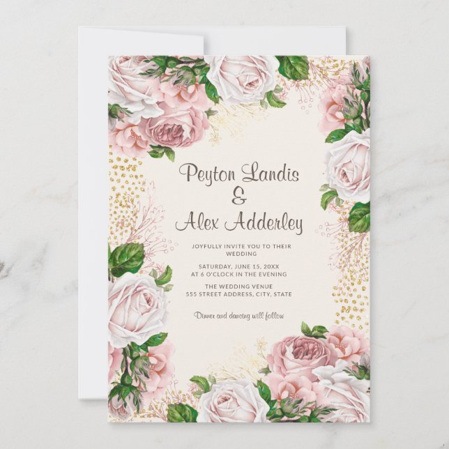 Invitación Rosa polvoriento Boda de Purpurina Rubor Floral Or (Anverso)