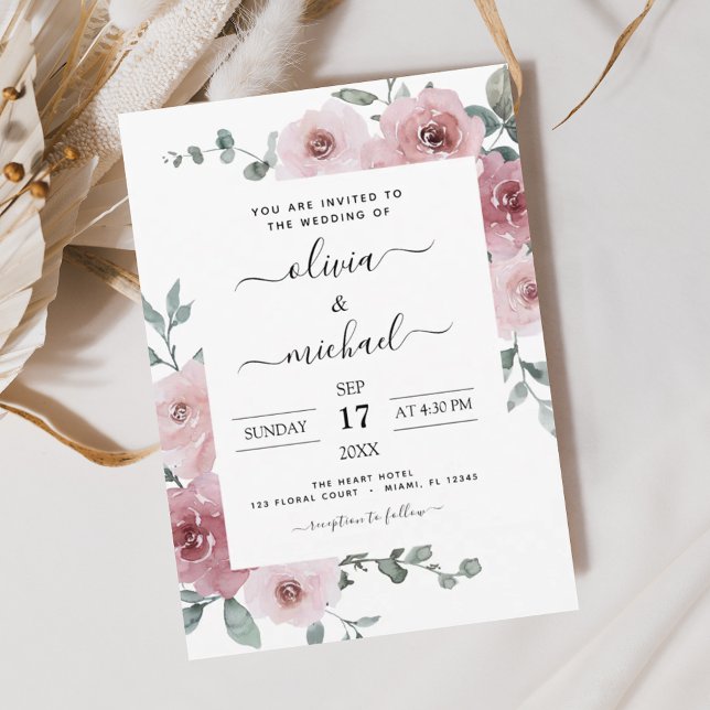 Invitación Rosa Polvoriento Boda Floral Rosa-Moderno (Subido por el creador)