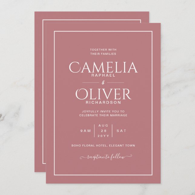 Invitación Rosa polvoriento Boda rosa todo en 1 con RSVP (Anverso / Reverso)