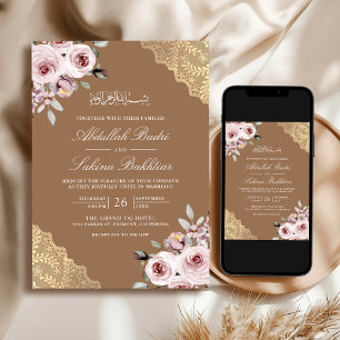 Invitación Rosa Polvoriento Código QR de Encaje Dorado Bodas