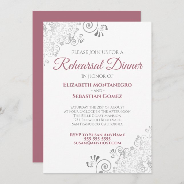 Invitación Rosa polvoriento con rizos grises Boda Ensayo Cena (Anverso / Reverso)