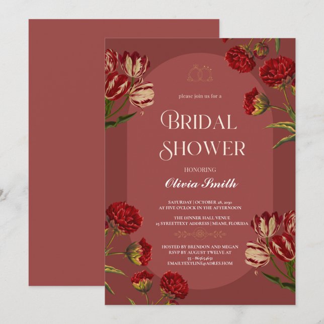 Invitación rosa polvoriento elegante ducha de novia, flor ros (Anverso / Reverso)