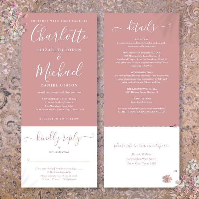 Invitación Rosa Polvoriento Elegante Guión Todo En Un Boda (Dusty Rose Elegant Script All In One Wedding Invitation)