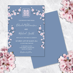 Invitación Rosa Polvoriento Flor Azul   Boda China