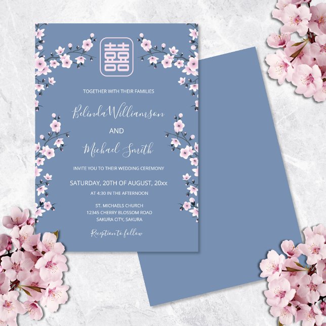 Invitación Rosa Polvoriento Flor Azul | Boda China (Subido por el creador)