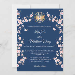 Invitación Rosa Polvoriento Flor de Cerezo Azul Boda China