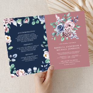Invitación Rosa Polvoriento Floral Azul Marino Código QR Boda