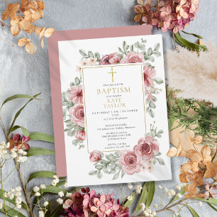 Invitación Rosa Polvoriento Floral Bautizo Dorado