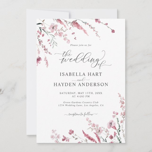 Invitación Rosa Polvoriento Floral Salvaje Todo En Un Boda De (Anverso)