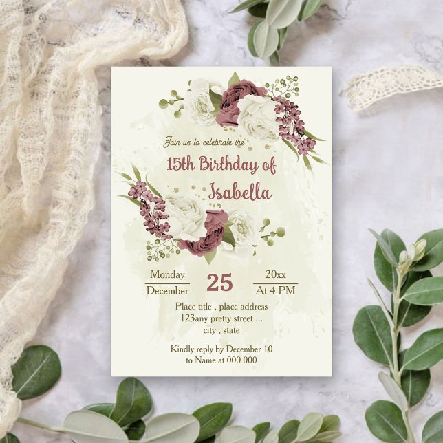 Invitación rosa polvoriento flores blancas cumpleaños botánic (Subido por el creador)