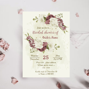 Invitación rosa polvoriento flores blancas ducha de novia bot