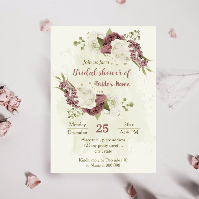 Invitación rosa polvoriento flores blancas ducha de novia bot (Subido por el creador)