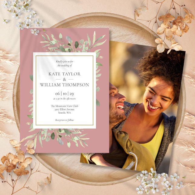 Invitación Rosa Polvoriento Foto de Boda Verde Malva (Dusty Rose Pink Mauve Greenery Photo Wedding Invitation)