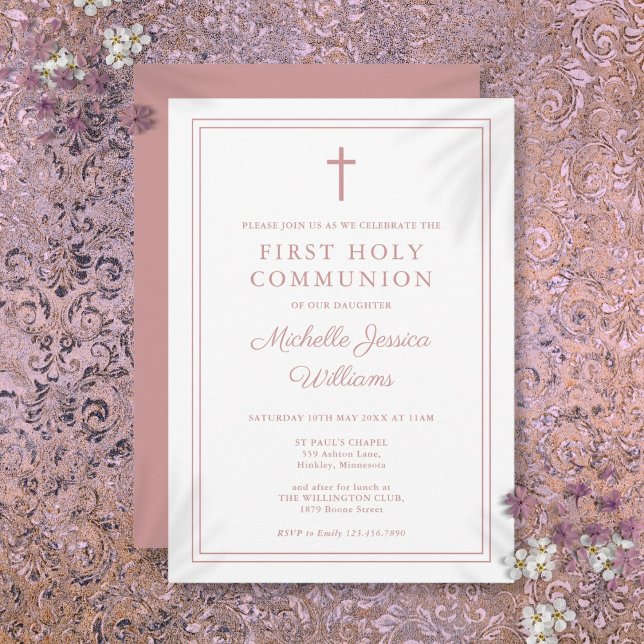 Invitación Rosa polvoriento frontera rosada primera comunión  (Dusty Rose Pink Border First Holy Communion Invitation)