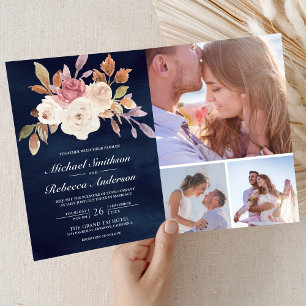 Invitación Rosa Polvoriento Marfil Floral Código QR Foto Azul