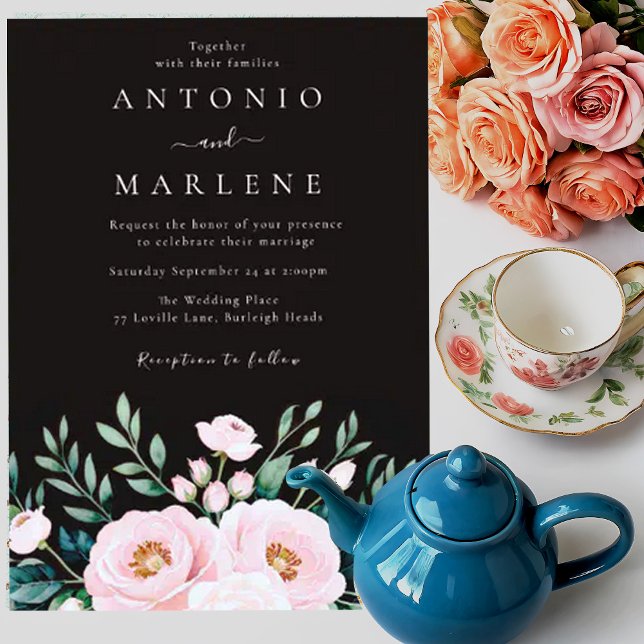 Invitación Rosa Polvoriento Negro Rubor Floral Fall Boho Boda (Subido por el creador)