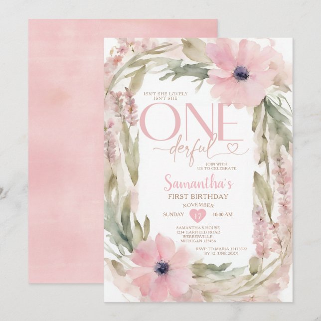 Invitación Rosa Polvoriento, no es una flor de cumpleaños mar (Anverso / Reverso)