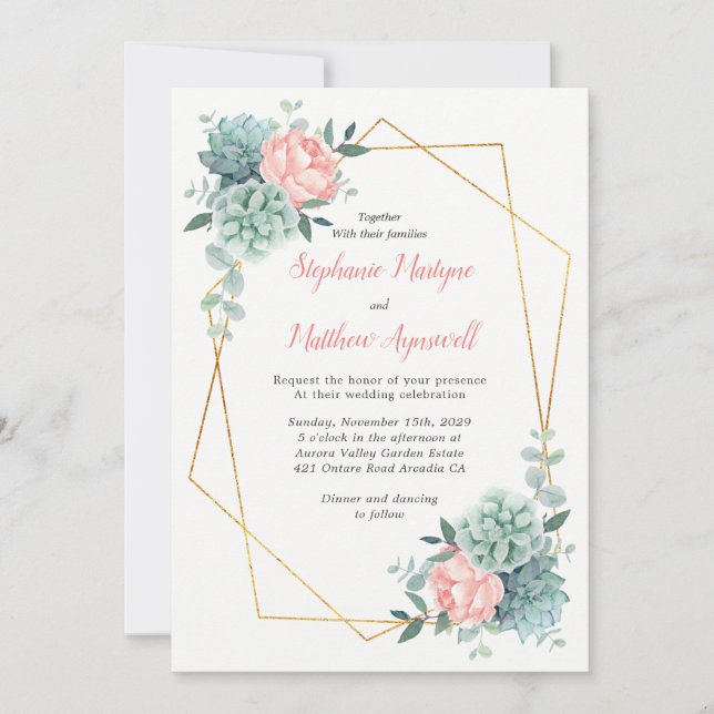 Invitación Rosa Polvoriento Peony Suculento Boda Geométrico (Anverso)