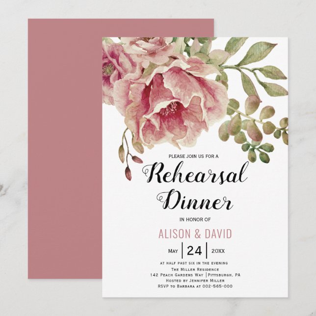 Invitación Rosa polvoriento rosa boda floral ensayo cena (Anverso / Reverso)