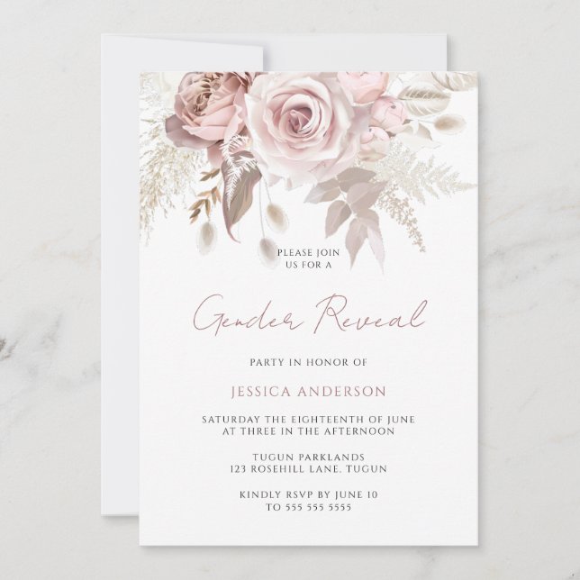 Invitación Rosa polvoriento Rubor Floral Gender Revelador Fie (Anverso)