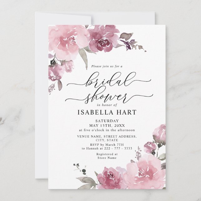 Invitación Rosa polvoriento Rubor Flores rosas Boho Bridal Sh (Anverso)