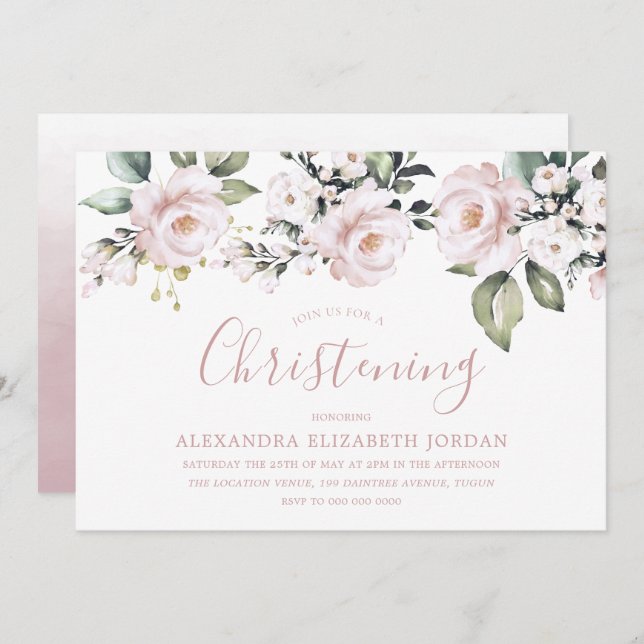 Invitación Rosa polvoriento Rubor Flores rosas cristianas bau (Anverso / Reverso)