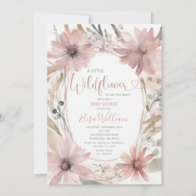 Invitación Rosa Polvoriento Un poco Chica de flores silvestre (Anverso)