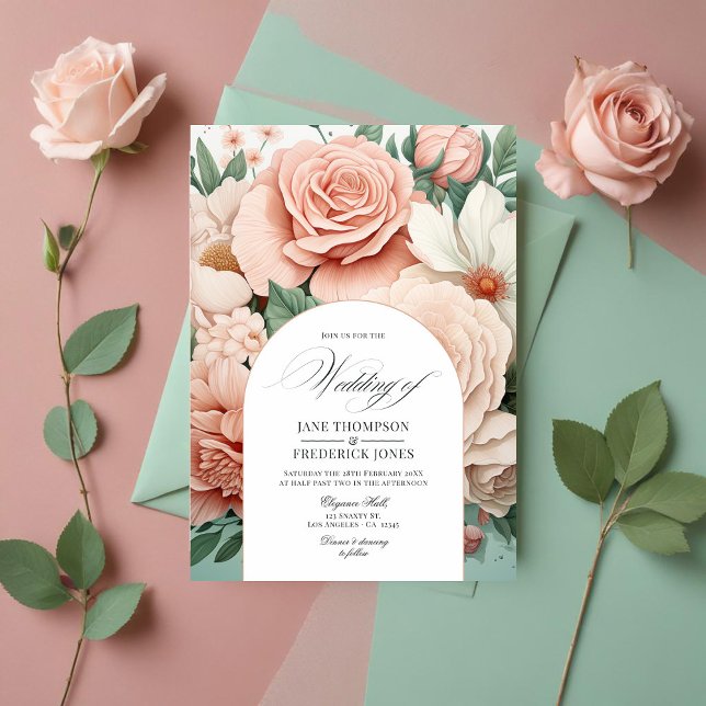 Invitación Rosa polvoriento, verde menta y Boda floral de Rub (Dusty Rose, Mint Green, and Blush Floral Wedding Invitation)