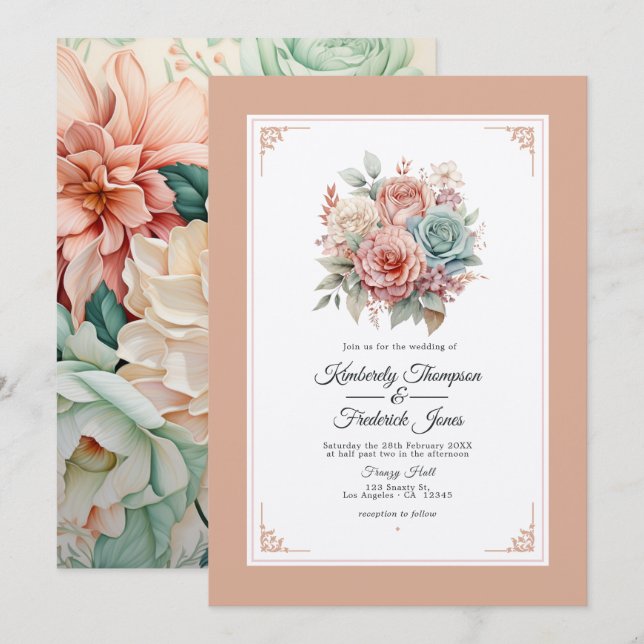 Invitación Rosa polvoriento, verde menta y Boda floral de Rub (Anverso / Reverso)