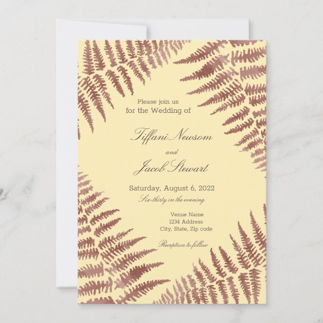 Invitación Rosa polvoriento y Boda de Rubor Ferns (Anverso)