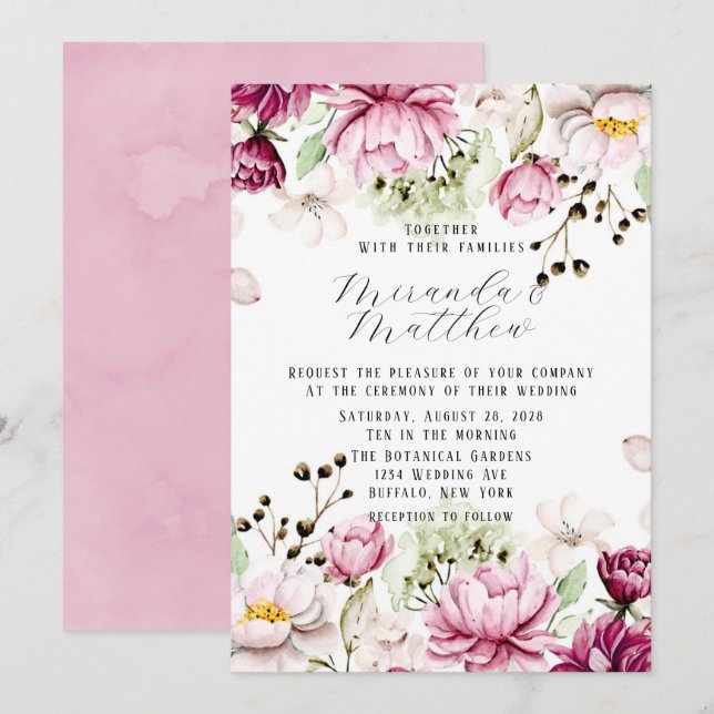 Invitación Rosa polvoriento y Boda de Rubor Paint Peony (Anverso / Reverso)