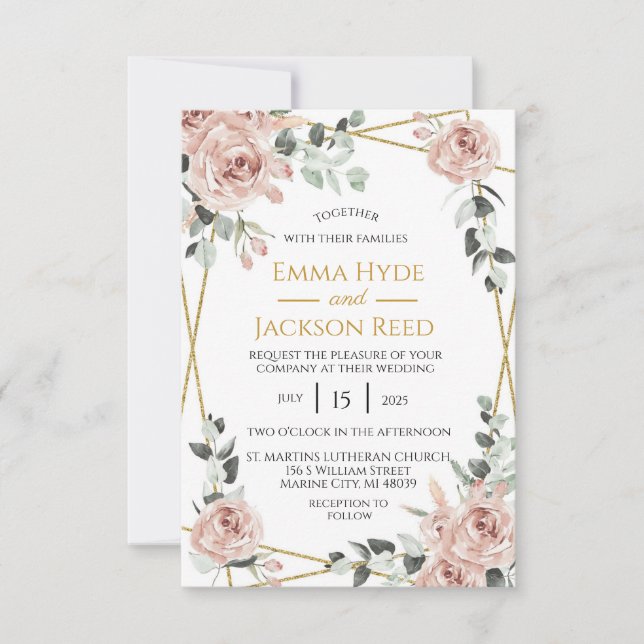 Invitación Rosa polvoriento y Boda floral de marco dorado (Anverso)