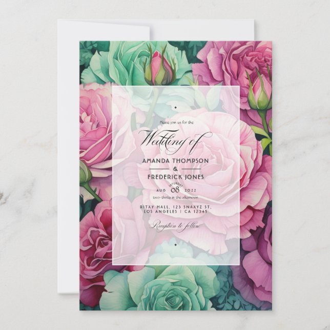 Invitación Rosa polvoriento y Boda floral verde esmeralda (Anverso)