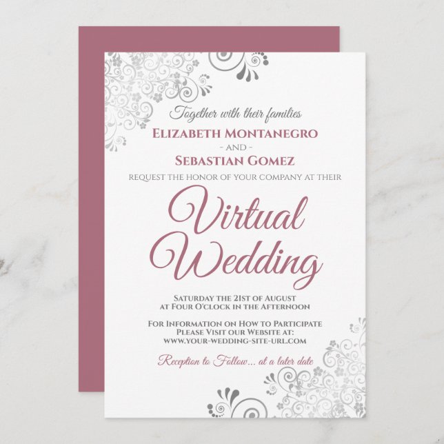 Invitación Rosa polvoriento y Boda virtual blanco (Anverso / Reverso)