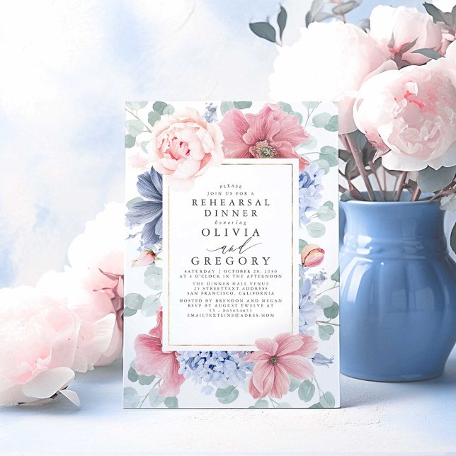 Invitación Rosa polvoriento y degustación de los ensayos flor (Dusty Blue Floral Rehearsal Dinner Invitations)